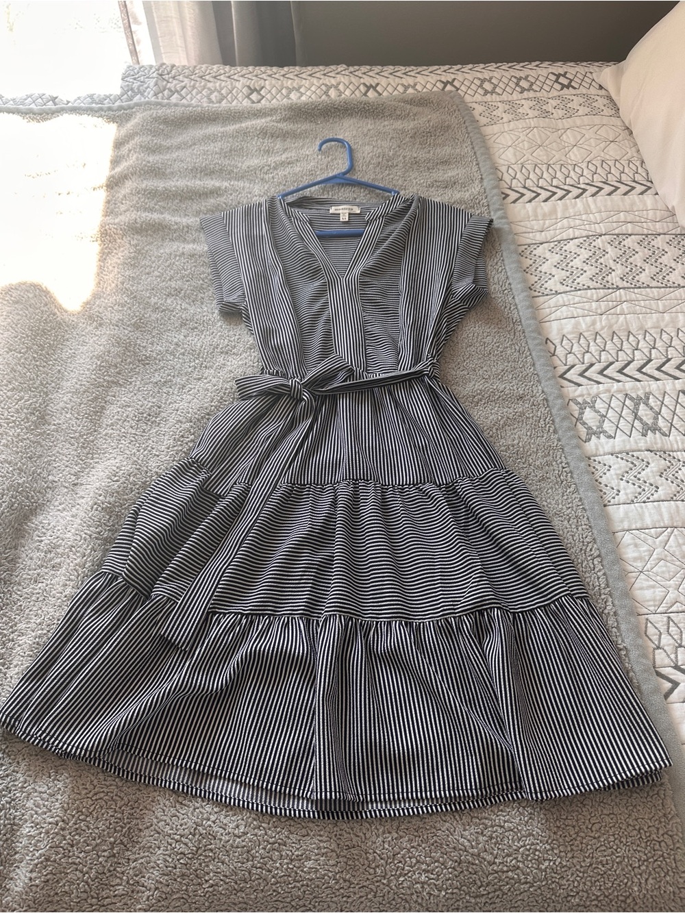 Striped V-Neck Tiered Midi Dress with Waist Tie - Navy & White